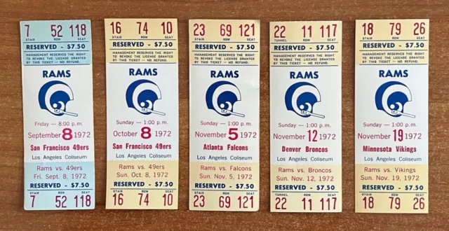LOT of 5 - ROMAN GABRIEL 1972 NFL LOS ANGELES RAMS FULL FOOTBALL TICKETS