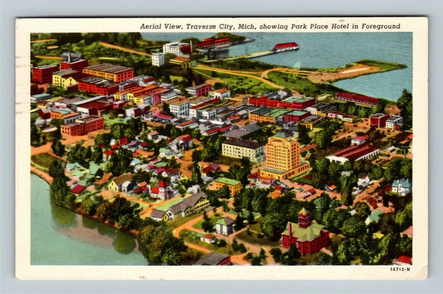 Aerial View Traverse City, Lake Michigan, Park Place Hotel Vintage1956 Postcard