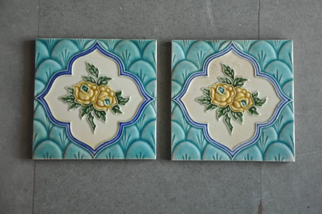 2 Pc Vintage M.S Mark Floral Design Colorful Ceramic Tiles , Japan