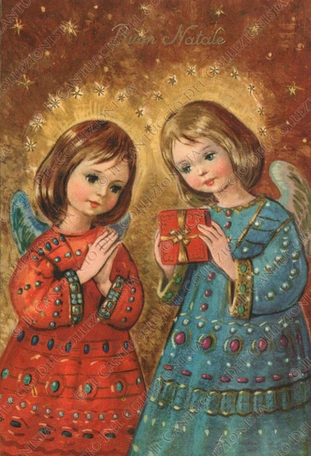 1965 Buon Natale Angeli con regalo Cartolina augurale