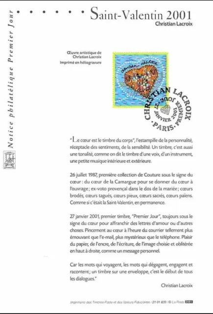2001 Notice Philatélique - Saint Valentin 2001 - Coeurs Christian Lacroix