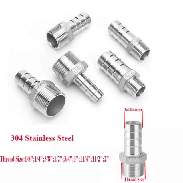 BSP 1/8"-2" Stainless Steel Male Thread Fitting x Barb Hose Tail End Connector