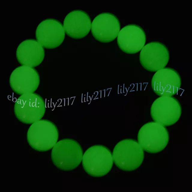 Night Luminous 14mm Green Fluorite Gemstone Round Beads Elastic Bracelet 7.5''