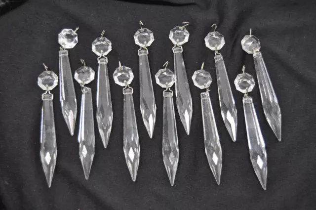12 Vintage Cut Crystal Prisms silver pins Chandelier Lustre Lamp Parts Spear 4"