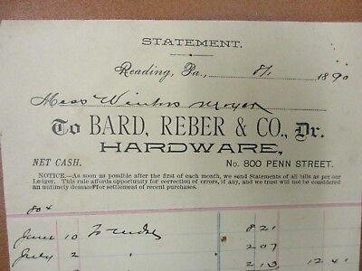 Vintage letterhead Bard Reber and Company Hardware Reading PA 8/1/1890