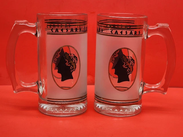 LOT of 2 Caesar's Palace Glass Beer Steins Mug Frosted Vintage Bar Display