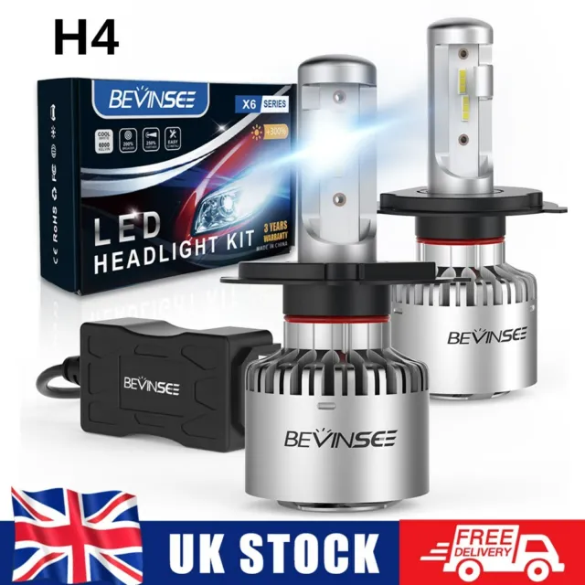 Bevinsee H4 LED Headlight Bulbs 60W Hi/Low Beam 8000LM 6000K Car White Headlamp