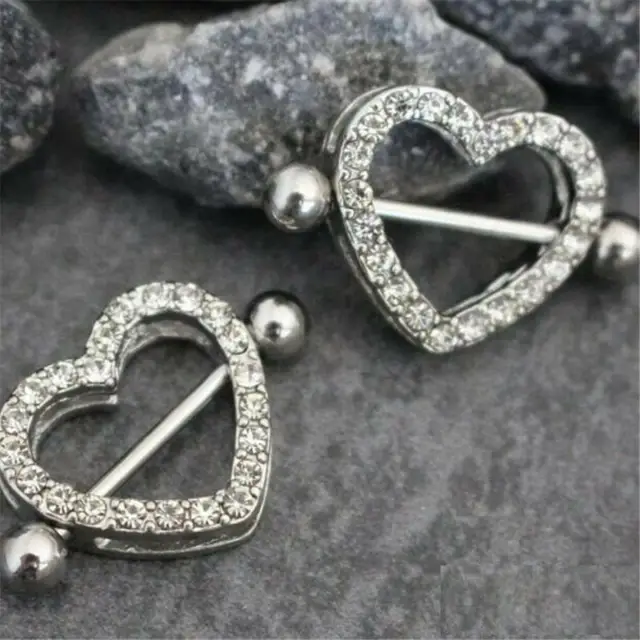 2x Silver Heart Double Layer Rhinestone Sexy Piercing Nipple Bars Body Jewellery