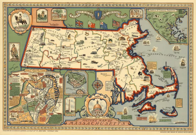 Midcentury Pictorial Massachusetts Map Genealogy Wall Art Poster Vintage History