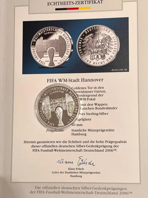 925 Silber 40mm Medaille FIFA Fussball WM 2006 - WM Stadt Hannover