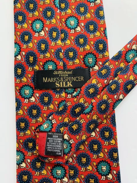 Cravatta da uomo anni '90 St Michael rosso blu e verde 100% motivo leone seta