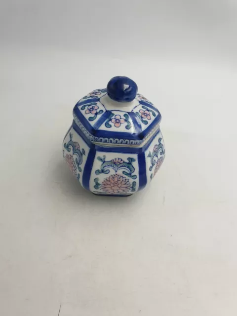 Chinese Porcelain Hexagonal Small Lidded Ginger Jar Pot Blue White Pink Floral