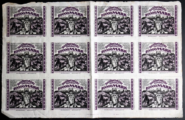 Uncut LINEN NOTGELD Sheet! BIELEFELD 1923 Anti-French 10000 Mark 12pcs Original