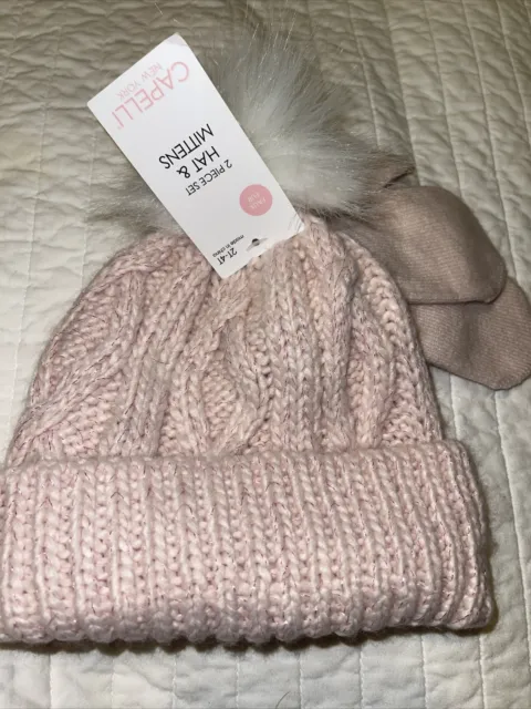 capelli girls 2T-4T toddler knit hat mitten set new with tags faux fur pale Pink