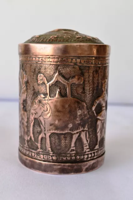 Antique Burmese Betel Box Canister Cylindrical Copper Embossed Figurine Elepha"F 4