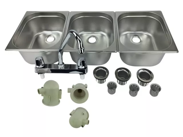 Large 3 Compartment Sink set For Portable Concession Sinks w/ Faucet Drain Traps