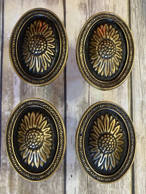 Vintage 4" x 3" Solid Brass Window Curtain Tie Back Oval Floral 2 Pr. Wall Hooks