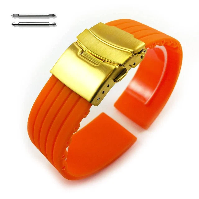 Orange Rubber Silicone Replacement Watch Band Strap Gold Double Lock Buckle 013G