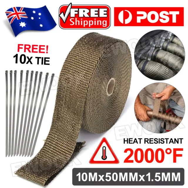 Titanium Gold Heat Exhaust Wrap Manifold 10M x 50mm W/ 10x Stainless Cable Ties