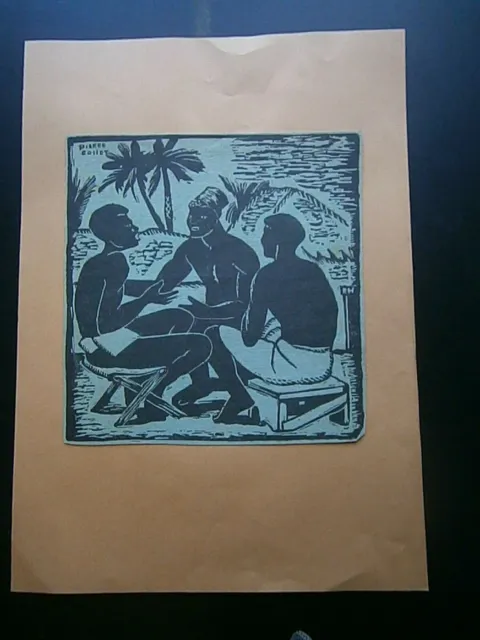 Gravure ancienne d'après un bois de: P. Collot "Trois noir en conciliabule "