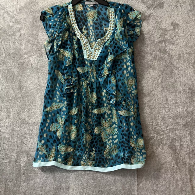 Ny Collection Sheer Tunic Top Womans Medium Beaded Geometric Blue Sleeveless