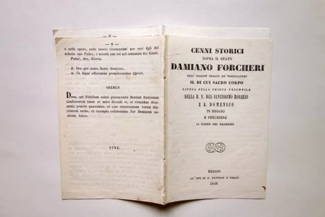 Cenni Storici Sopra il Beato Damiano Forchieri Davolio Reggio Emilia 1849