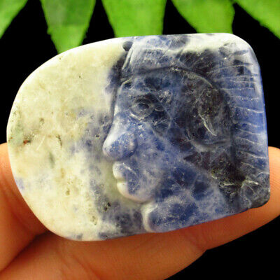 B57804 Carved Old Sodalite Human Pendant Bead 45x35x8mm
