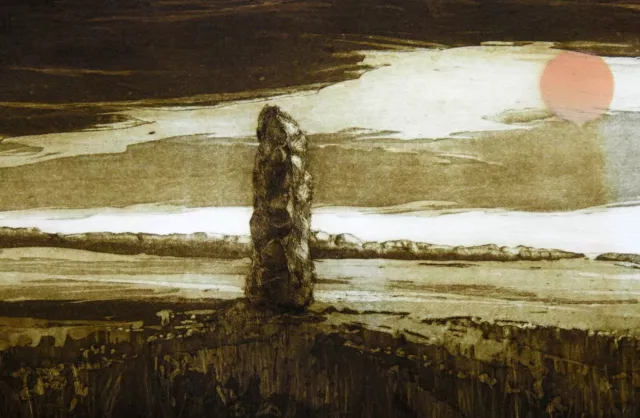 Michael Richecoeur (1946-) Original Etching Sunset at Phallic Rock Jersey Island 3