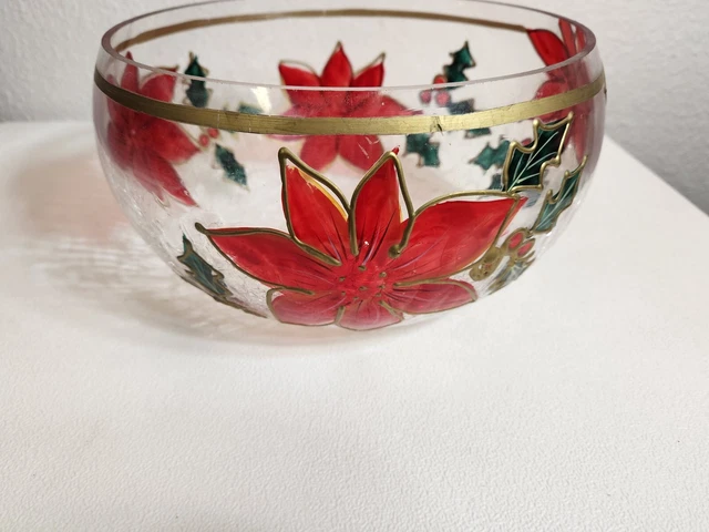 Vintage Crackle Glass Large Serving Display Bowl Holiday Poinsettia Hand Painted 3