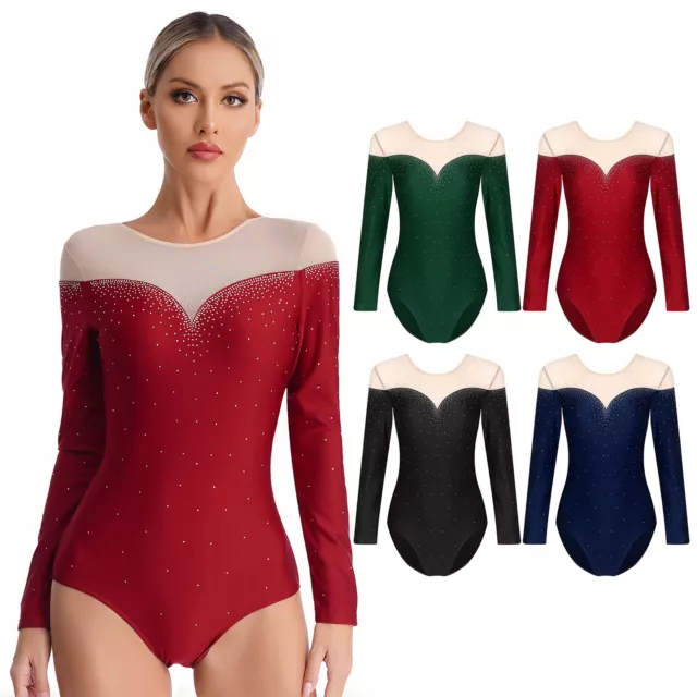 Womens Bodysuit Mesh Leotard Stage Performance Dancewear Glitter Activewear 2