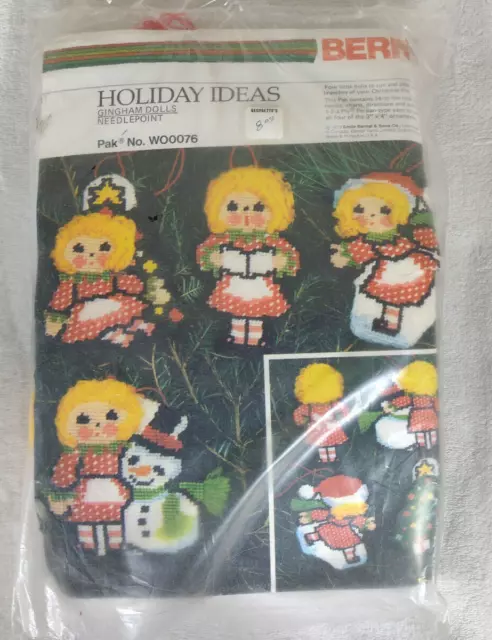 Vintage 1979 Bernat Needlepoint Kit Holiday Gingham Dolls Christmas Ornaments