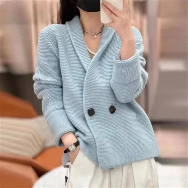 Womens Korean Fashion Lapel Collar V Neck Long Sleeves Knitted Sweater Loose Top