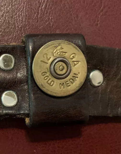 VTG HANDMADE BELT Mens 44 Brown Leather Shotgun Shell 12 Gauge Gold ...