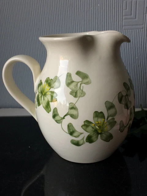 Vintage Wine Pitcher Jug Ceramic White w/Green Floral Heavy Carafe Vase 650ml