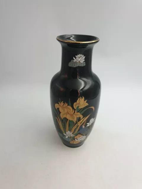 Japanese Porcelain Trumpet Vase Iris Flowers Water Lilies Bird On Black Gold Det