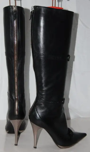 US 7❤️ CASADEI Black Real Leather Knee High Heel Tall Pointed Boots ITALY OTK