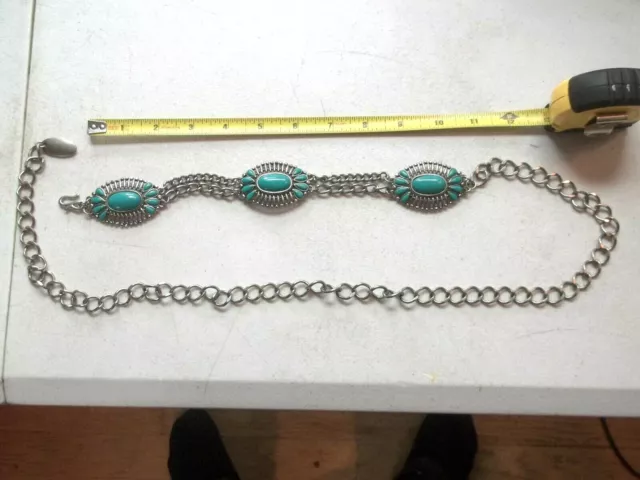 Ceinture chaîne vintage Liz Claiborne faux turquoise ton argent maillon réglable