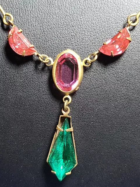 RARE Antique Victorian Laviere Necklace Green, Pink and purple Glass & Gold Tone 2