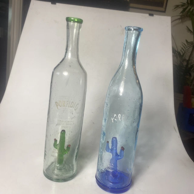 2 PORFIDIO SILVER Tequila EMPTY BOTTLE Hand Blown Cactus Art Glass $28.