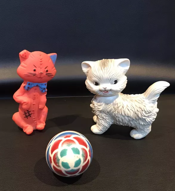 3- Vtg. Rubber Squeak Toys 1960s Edward Mobley Co. Cat,Orange Cat,Blue Bird Ball