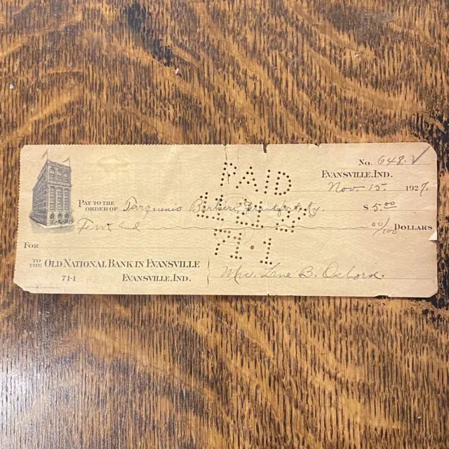 Antique Bank Check 1927 Evansville IN Indiana Illustrated Frankfort KY Kentucky
