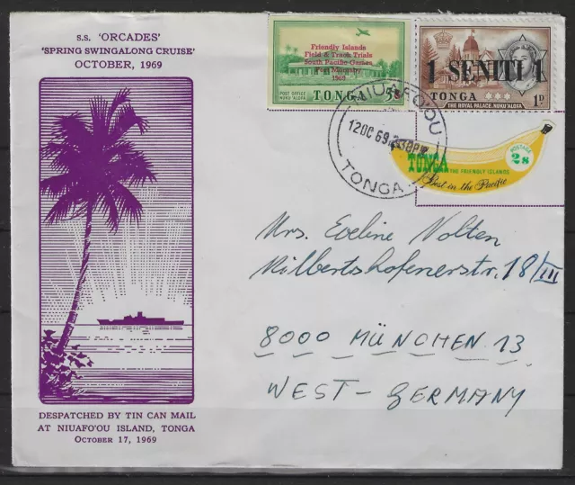J943) Tonga Toga TIN CAN MAIL Blechdosenpost Kanupost gelaufen nach München