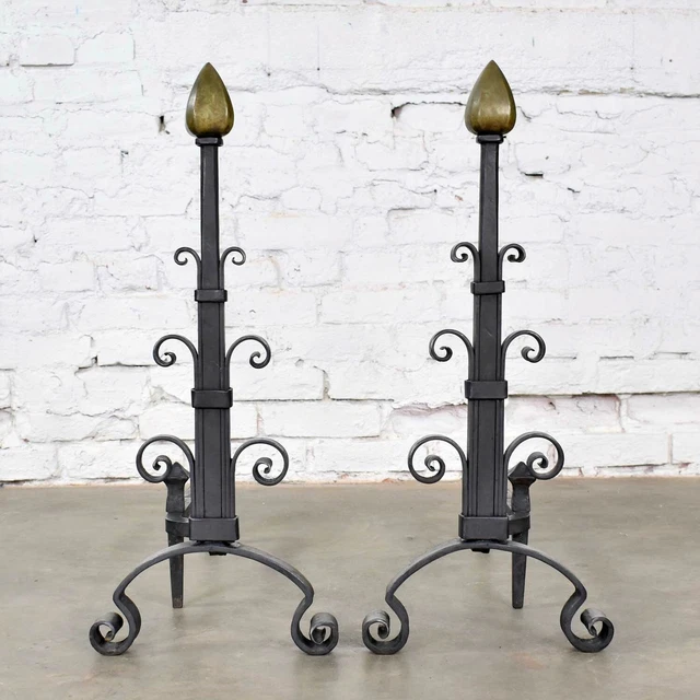 Pair Antique Arts & Crafts Art Deco Hand Wrought Iron & Bronze Andirons
