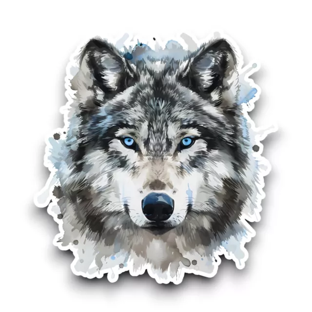 Wolf Gray with Blue Eyes Watercolor Animal Vinyl Sticker 100x96mm