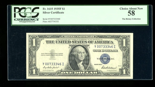 DBR $1 1935-F Silver Fr. 1615 YI Block PCGS 58 Serial Y00733346I