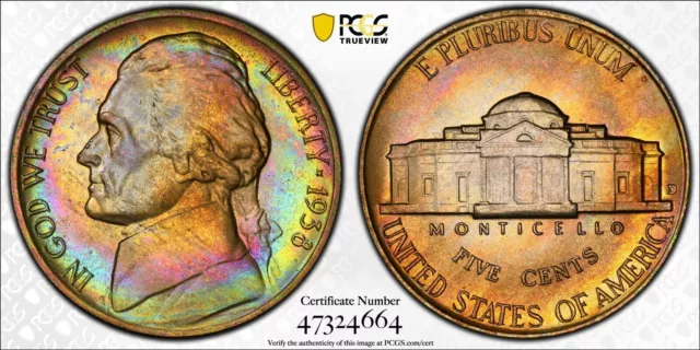 (TP#42) MONSTER RAINBOW TONED PCGS MS66 Jefferson Nickel 5c