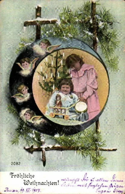 67454 Weihnachten 1907 - Engelsköpfe, Kinder, Spielzeug, Baum