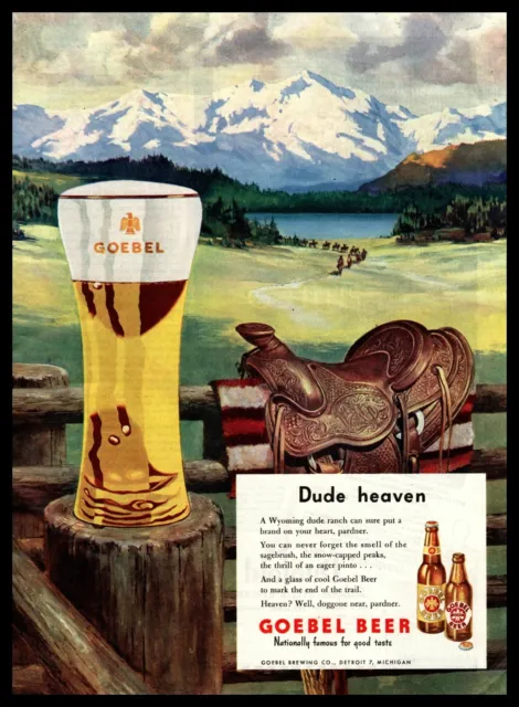 1947 Goebel Beer "Dude Heaven" Saddle Blanket Cowboys Riding Horses Print Ad