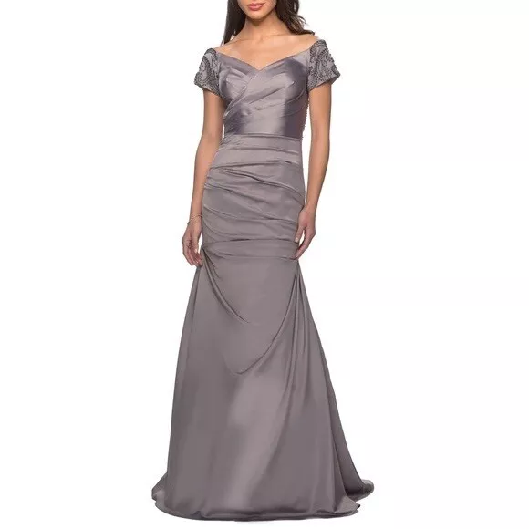 New La Femme Off the Shoulder Beaded Satin Trumpet Gown In Platinum Size 8 $599