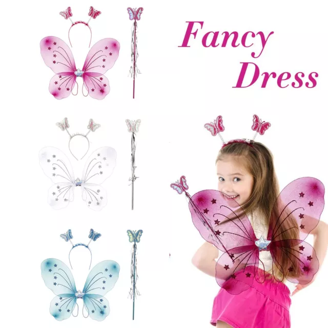 3pcs Dress Up Wand Fairy Wings Set Butterfly Angel Princess Wing Hairband Girl